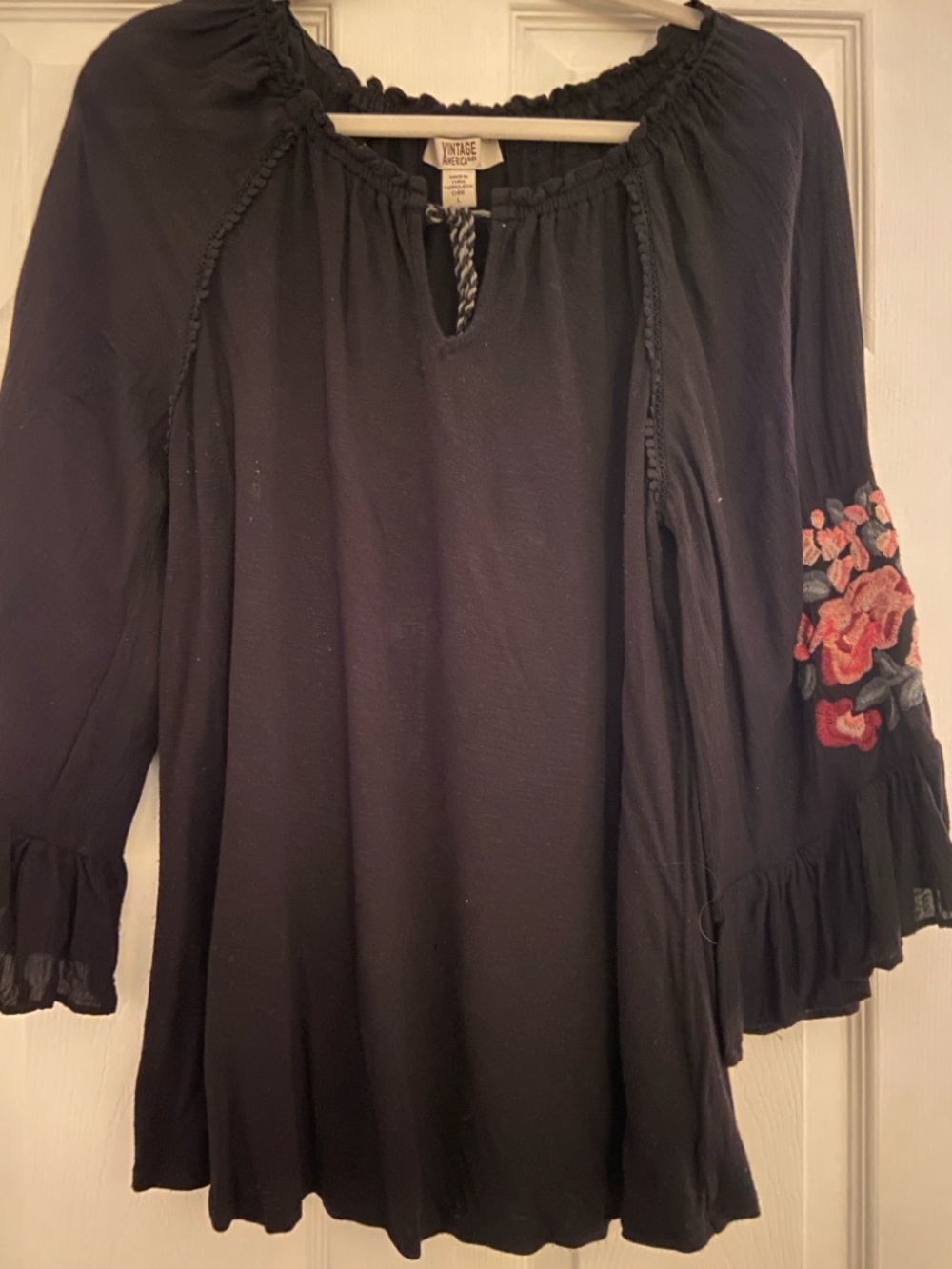 Vintage America Navy Peasant Blouse with Twisted Tassel Tie